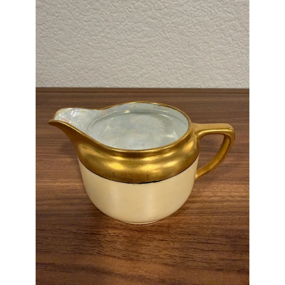 VTG 1940s Germany F.D. Husf Cream Gold Gilding Trim Sugar Bowl Lid & Creamer Set